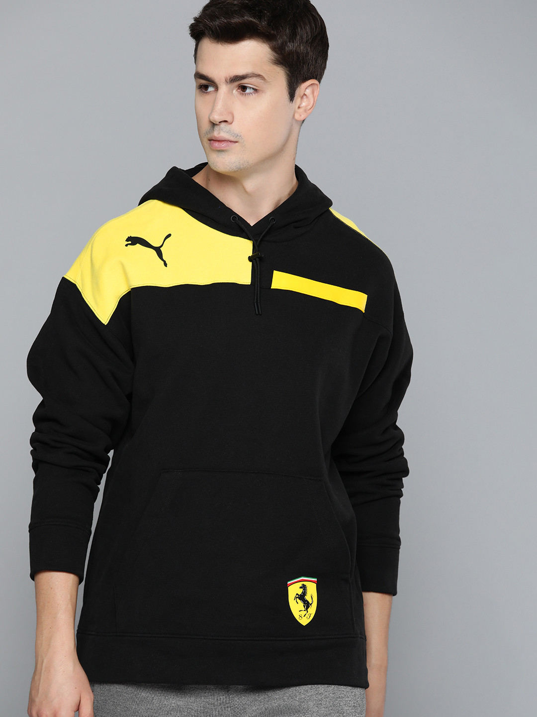 

PUMA Motorsport Men Black & Yellow Colourblocked Hooded Cotton Sweatshirt