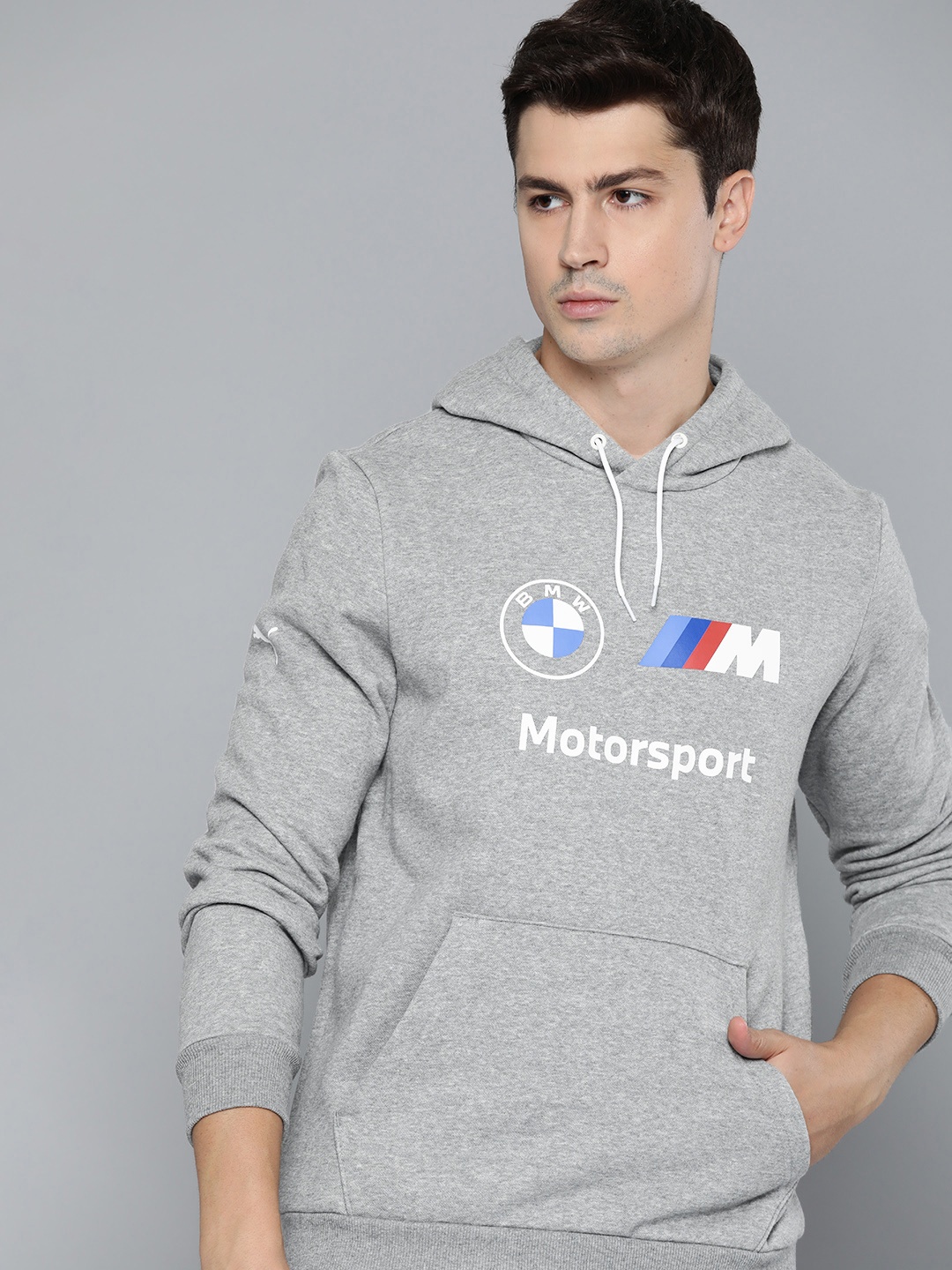 

PUMA Motorsport Men Grey Melange &White Brand Logo Printed Hooded Cotton Sweatshirt