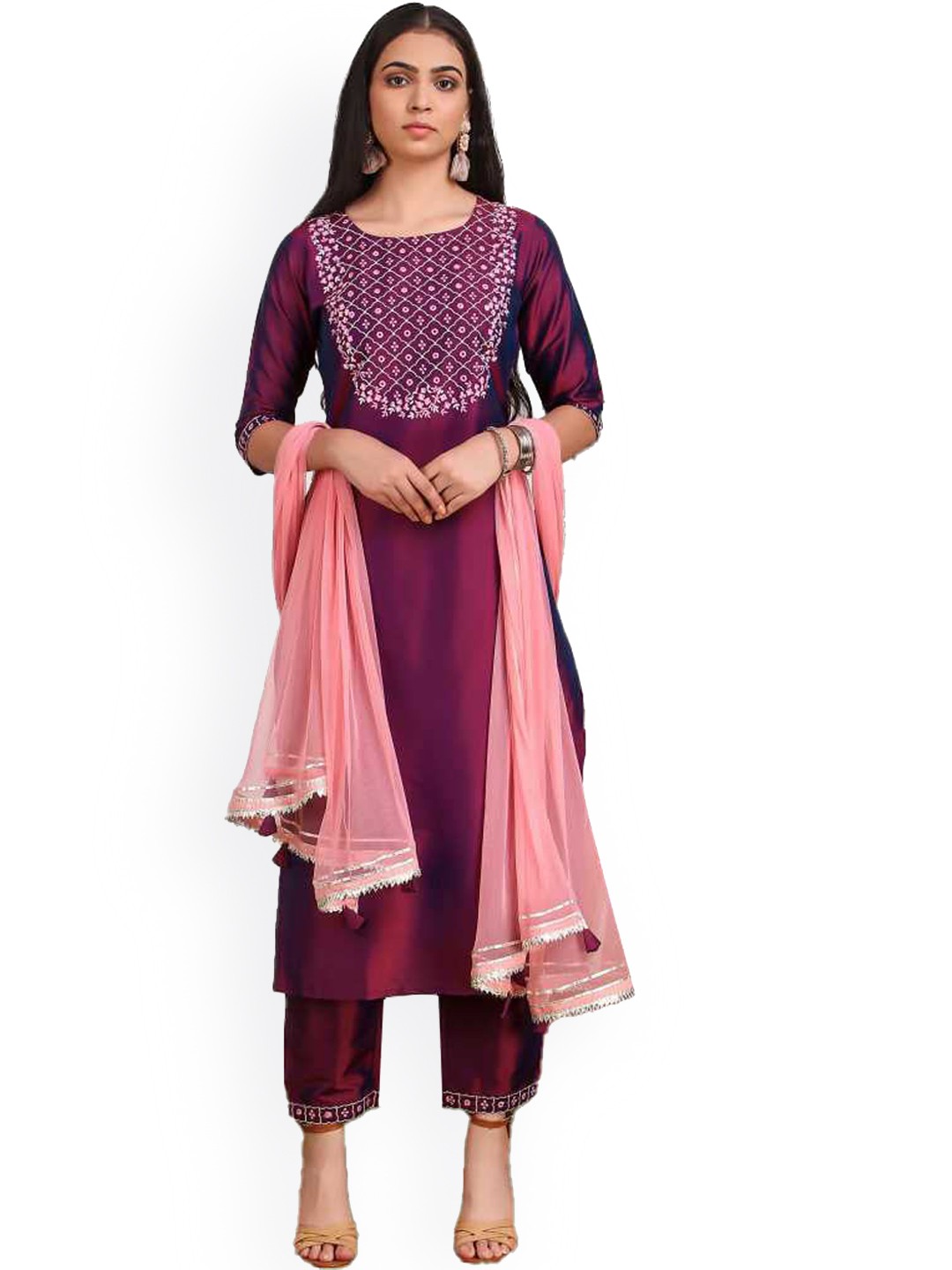 

Lookmark Women Purple Mirror Work Kurta with Trousers & Dupatta