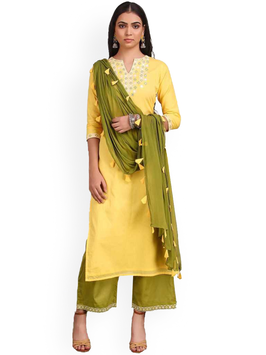 

Lookmark Women Yellow Mirror Work Kurta with Palazzos & With Dupatta