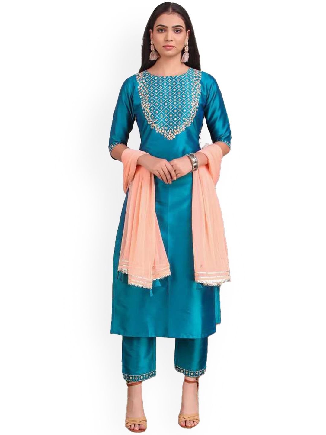 

Lookmark Women Teal Art Silk DesignerMirror Work Kurta with Palazzos & With Dupatta