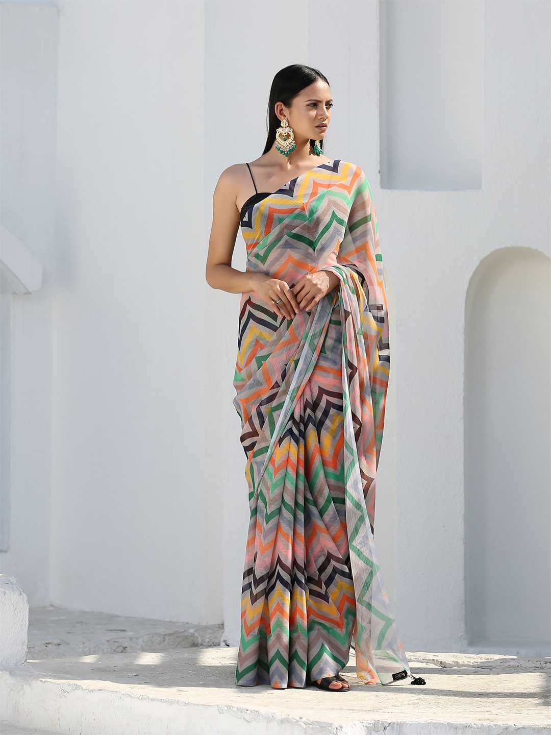 

Swtantra Green & Yellow Printed Pure Chiffon Saree