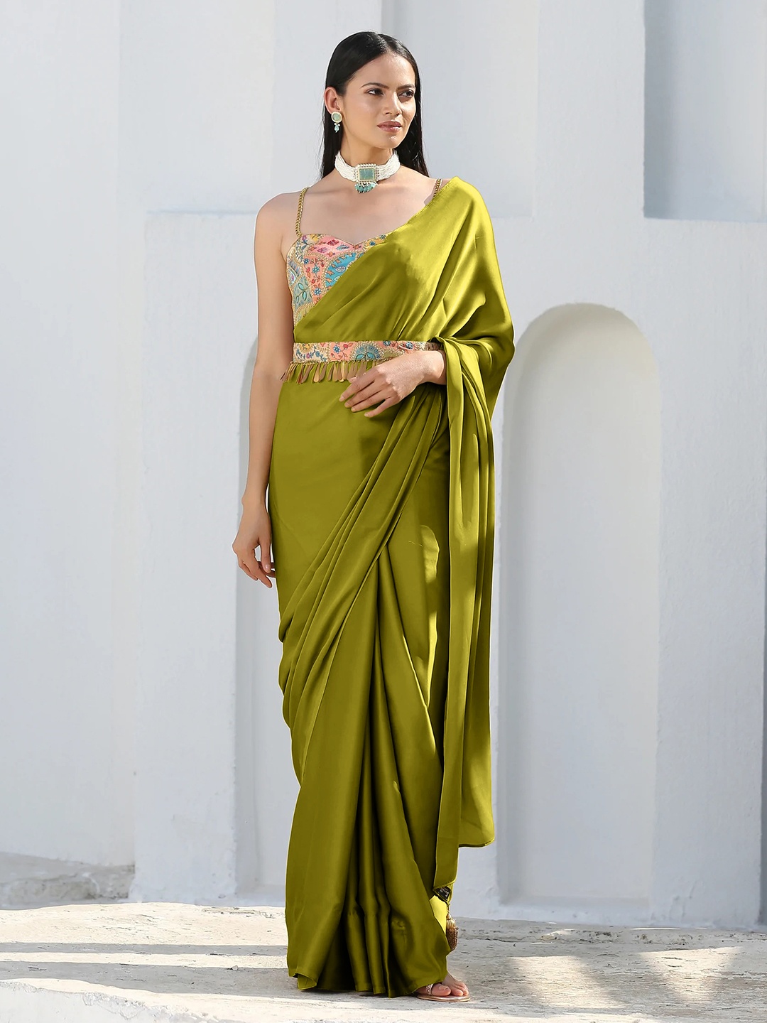 

Swtantra Green Satin Saree
