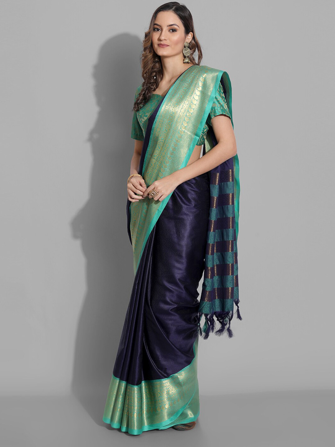 

Mitera Navy Blue & Green Woven Design Zari Dharmavaram Saree