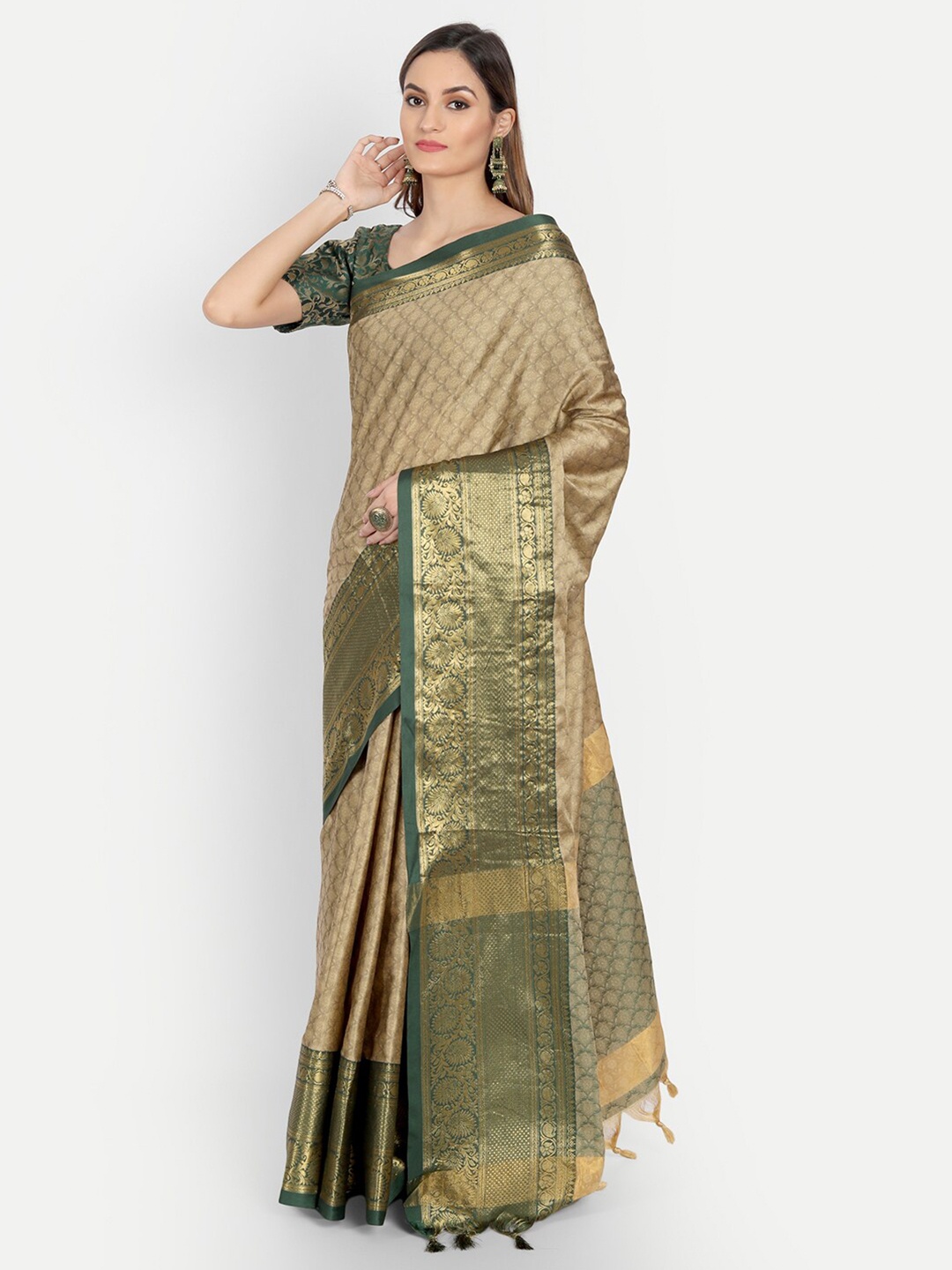 

Mitera Beige & Green Woven Design Zari Dharmavaram Saree