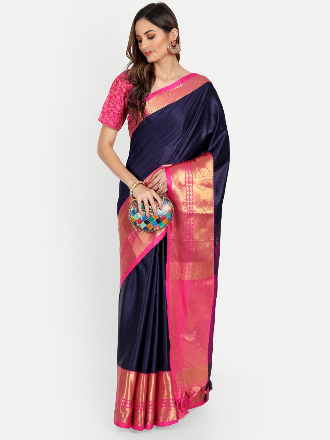

Mitera Navy Blue & Pink Woven Design Zari Dharmavaram Saree