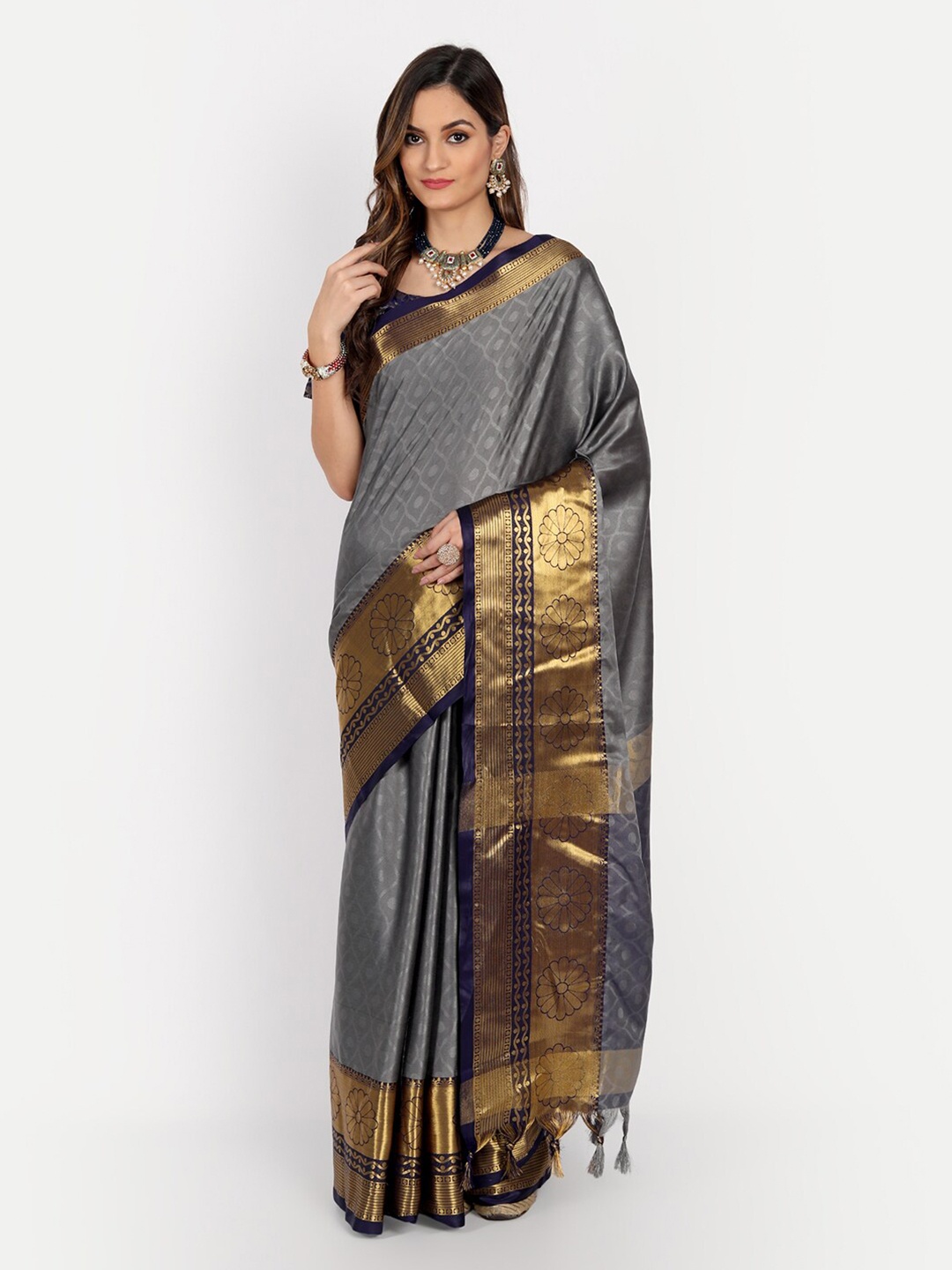 

Mitera Grey & Gold-Toned Woven Design Zardozi Dharmavaram Saree