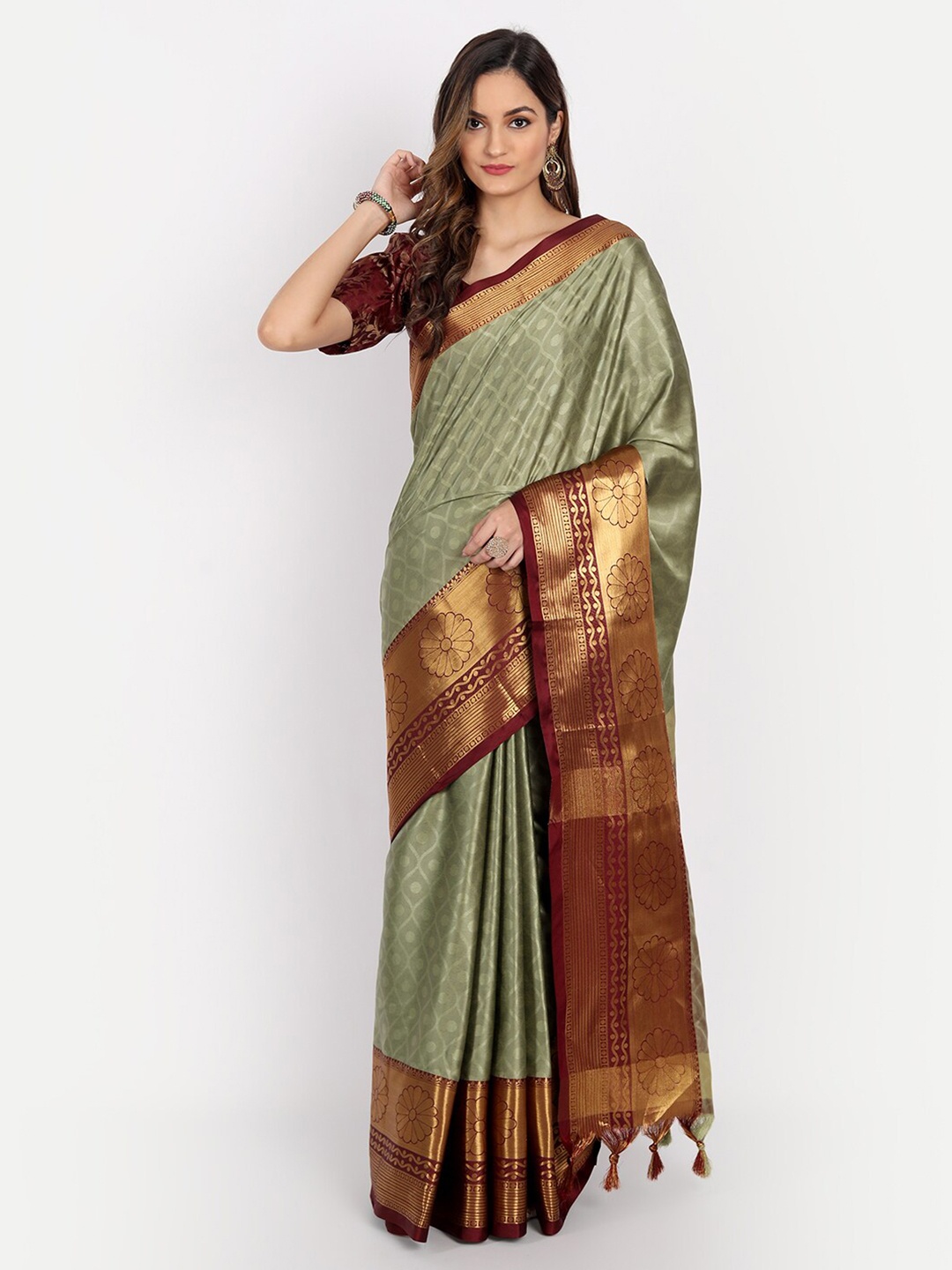 

Mitera Olive Green & Maroon Woven Design Zardozi Dharmavaram Saree