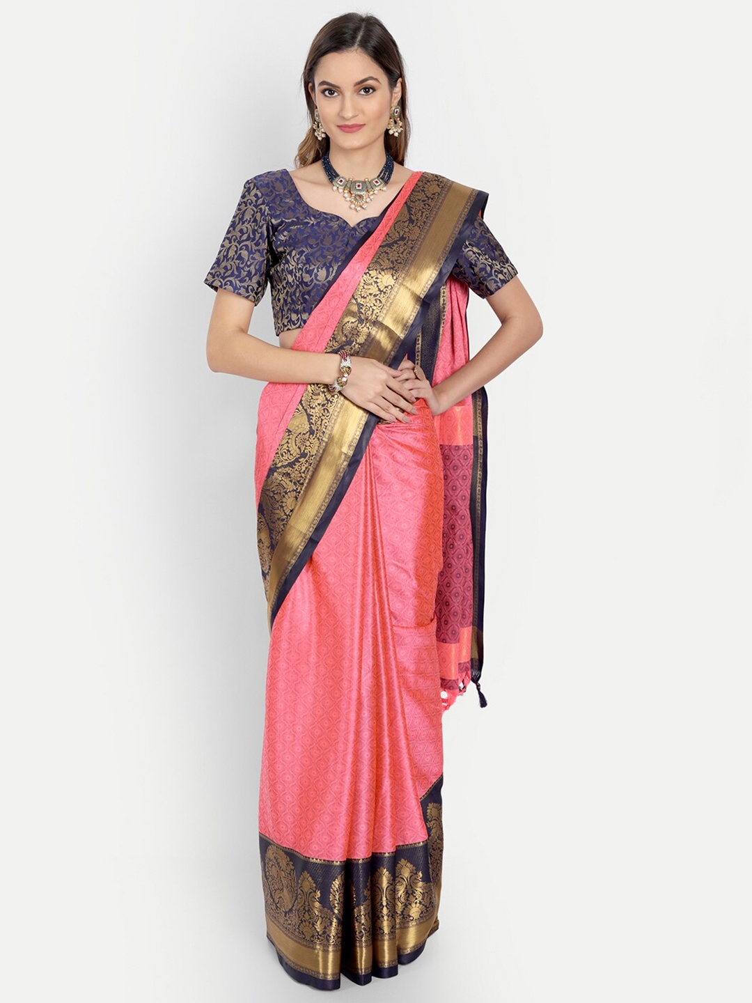 

Mitera Pink & Navy Blue Woven Design Zardozi Dharmavaram Saree