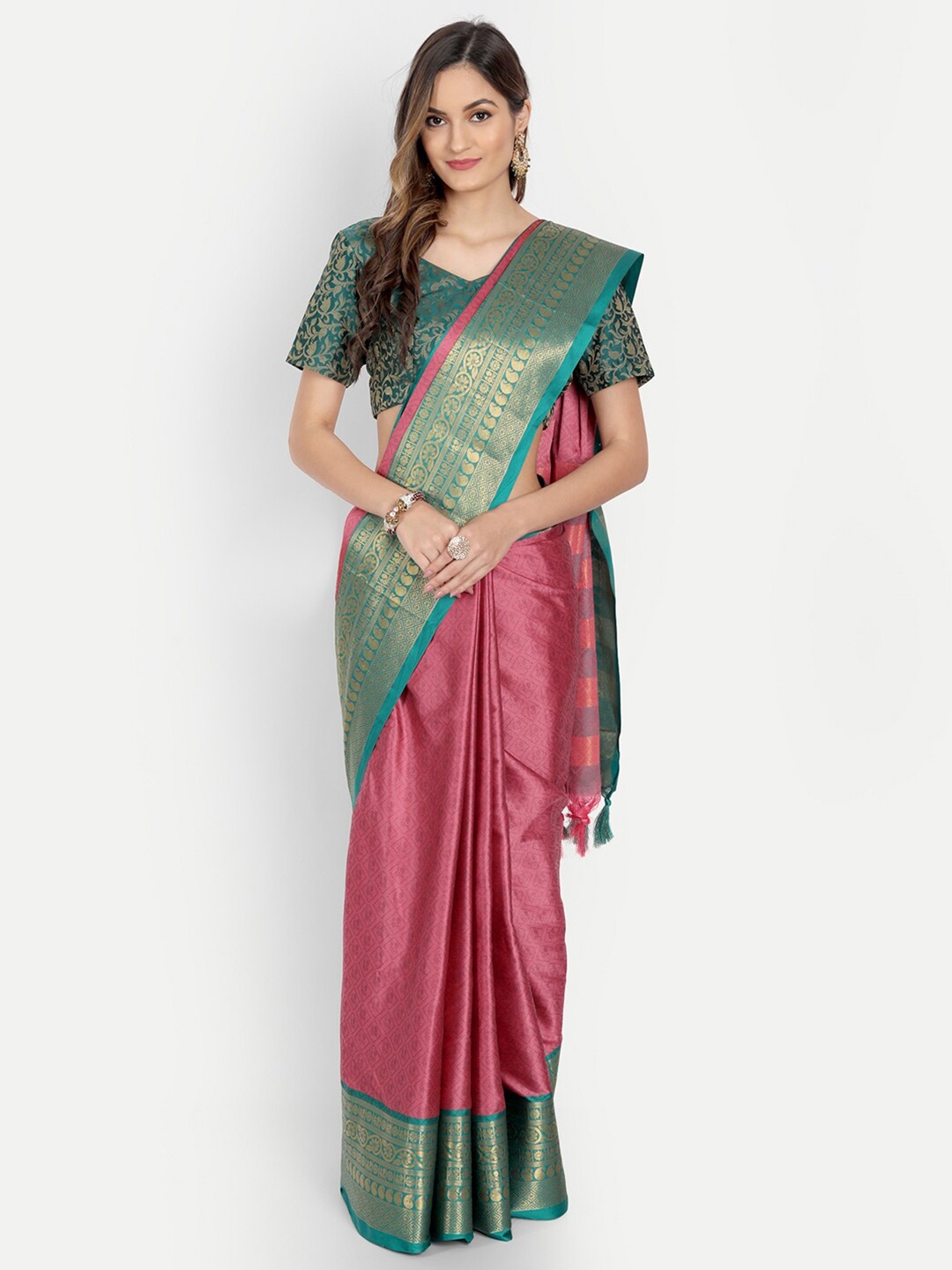 

Mitera Pink & Green Woven Design Zardozi Dharmavaram Saree