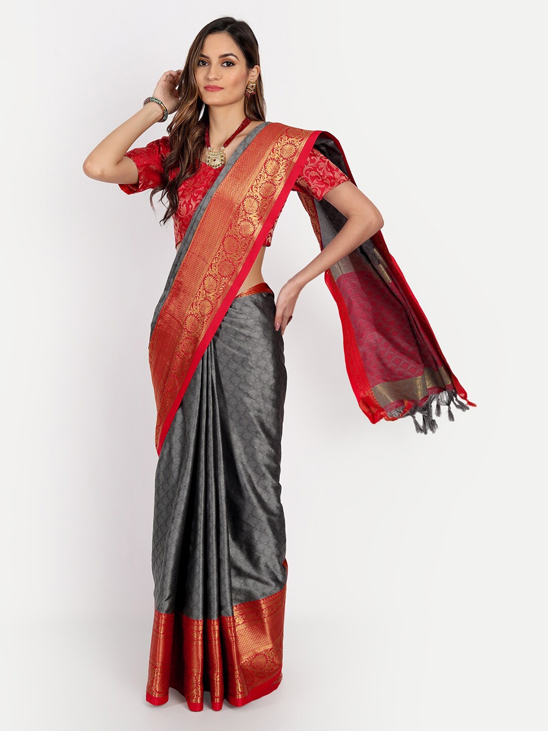 

Mitera Grey & Red Woven Design Zardozi Dharmavaram Saree