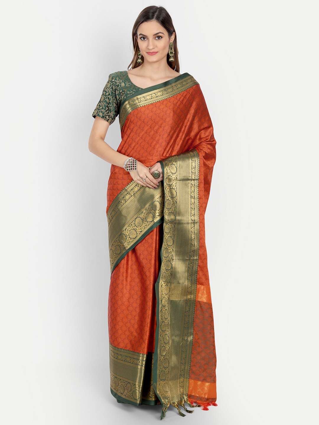 

Mitera Women Orange & Green Woven Design Zardozi Dharmavaram Saree