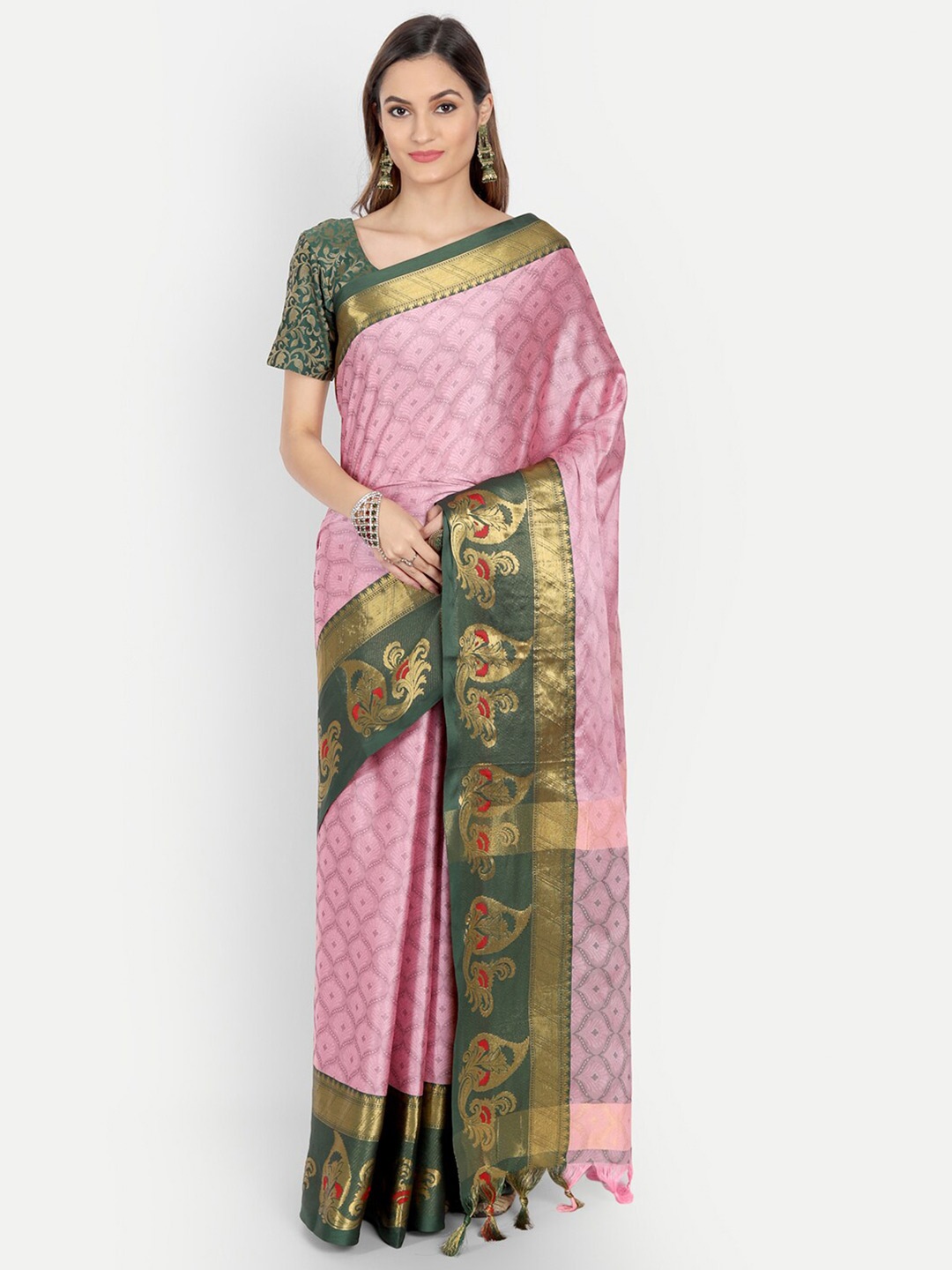 

Mitera Women Pink & Green Woven Design Zari Dharmavaram Saree