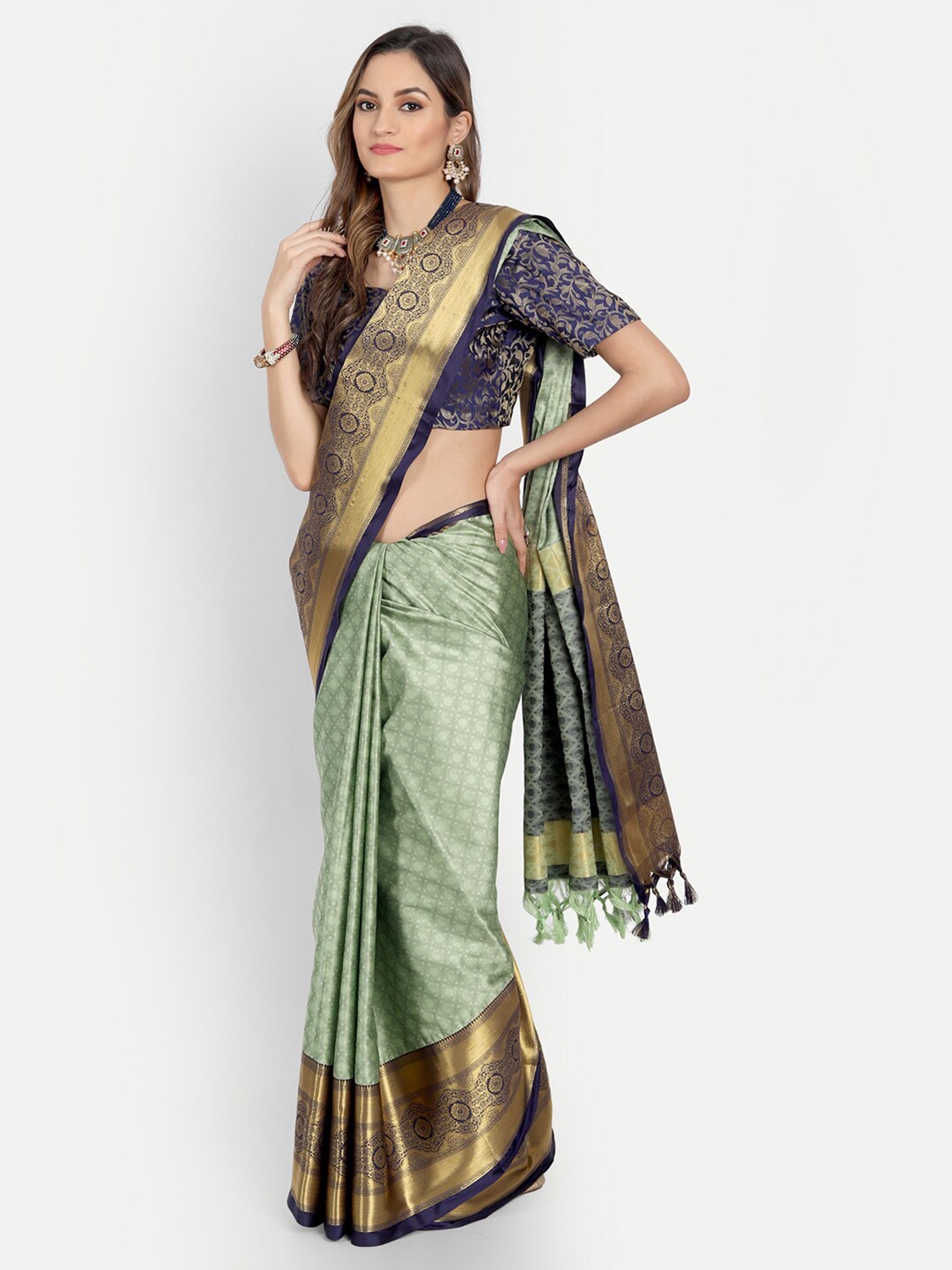 

Mitera Lavender & Green Woven Design Zari Mysore Silk Saree