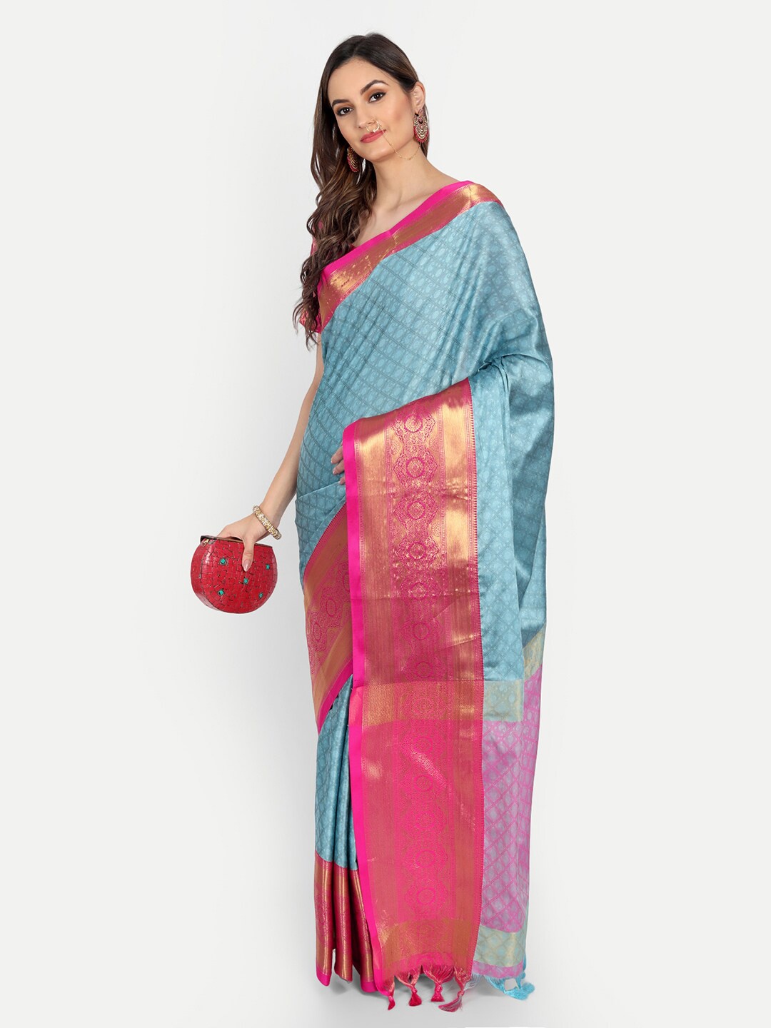 

Mitera Turquoise Blue & Pink Woven Design Zardozi Mysore Silk Saree
