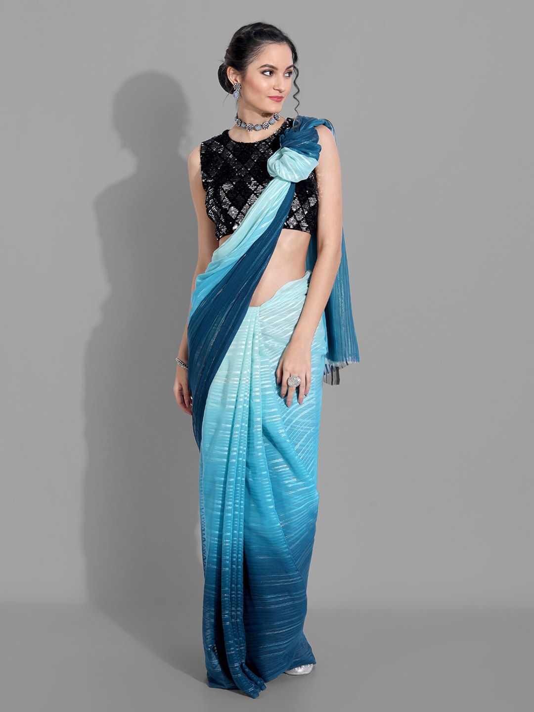 

Mitera Navy Blue & Blue Striped Zari Arani Saree