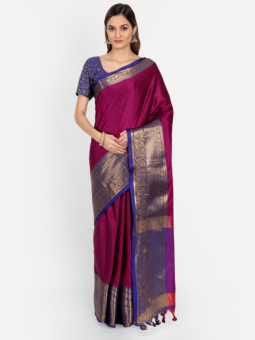 

Mitera Pink & Violet Woven Design Dharmavaram Saree