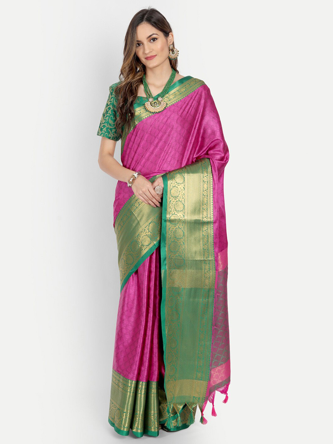 

Mitera Pink & Green Woven Design Zardozi Dharmavaram Saree