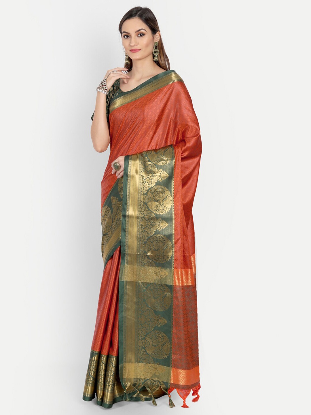 

Mitera Orange & Green Ethnic Motifs Zari Dharmavaram Saree