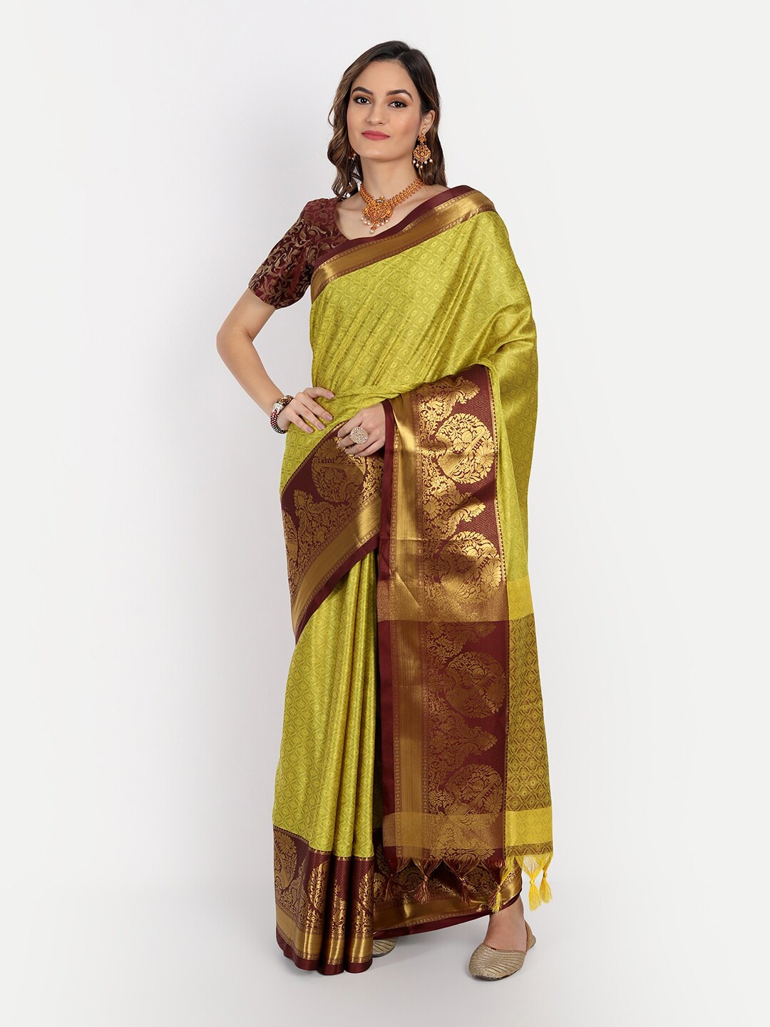 

Mitera Lime Green & Brown Woven Design Zardozi Dharmavaram Saree