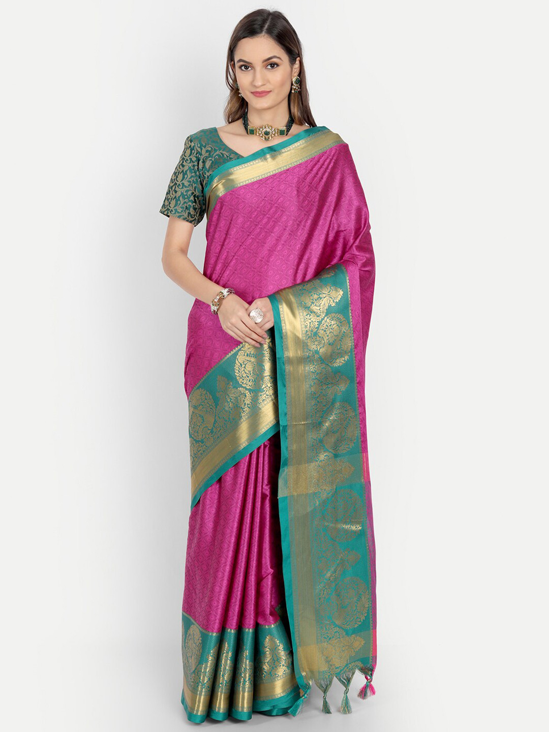 

Mitera Pink & Green Woven Design Zardozi Dharmavaram Saree