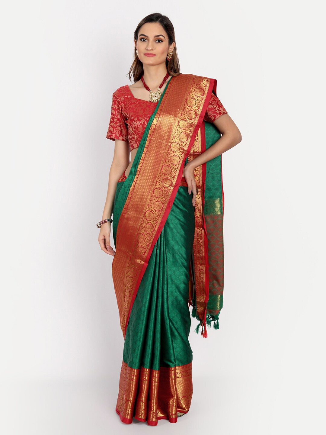 

Mitera Green & Maroon Woven Design Zardozi Dharmavaram Saree
