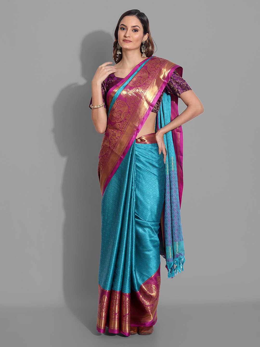 

Mitera Blue & Purple Woven Design Zardozi Dharmavaram Saree