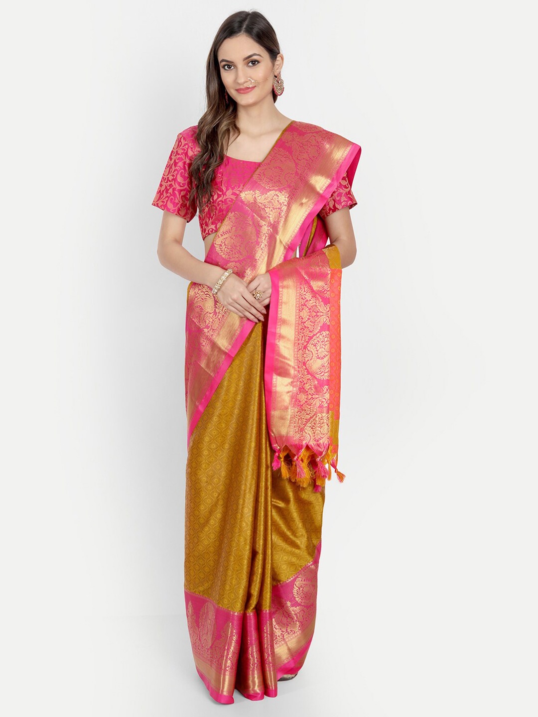 

Mitera Gold-Toned & Pink Woven Design Zardozi Dharmavaram Saree