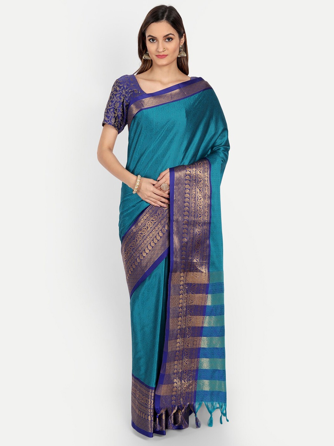 

Mitera Turquoise Blue & Gold-Toned Woven Design Zardozi Dharmavaram Saree