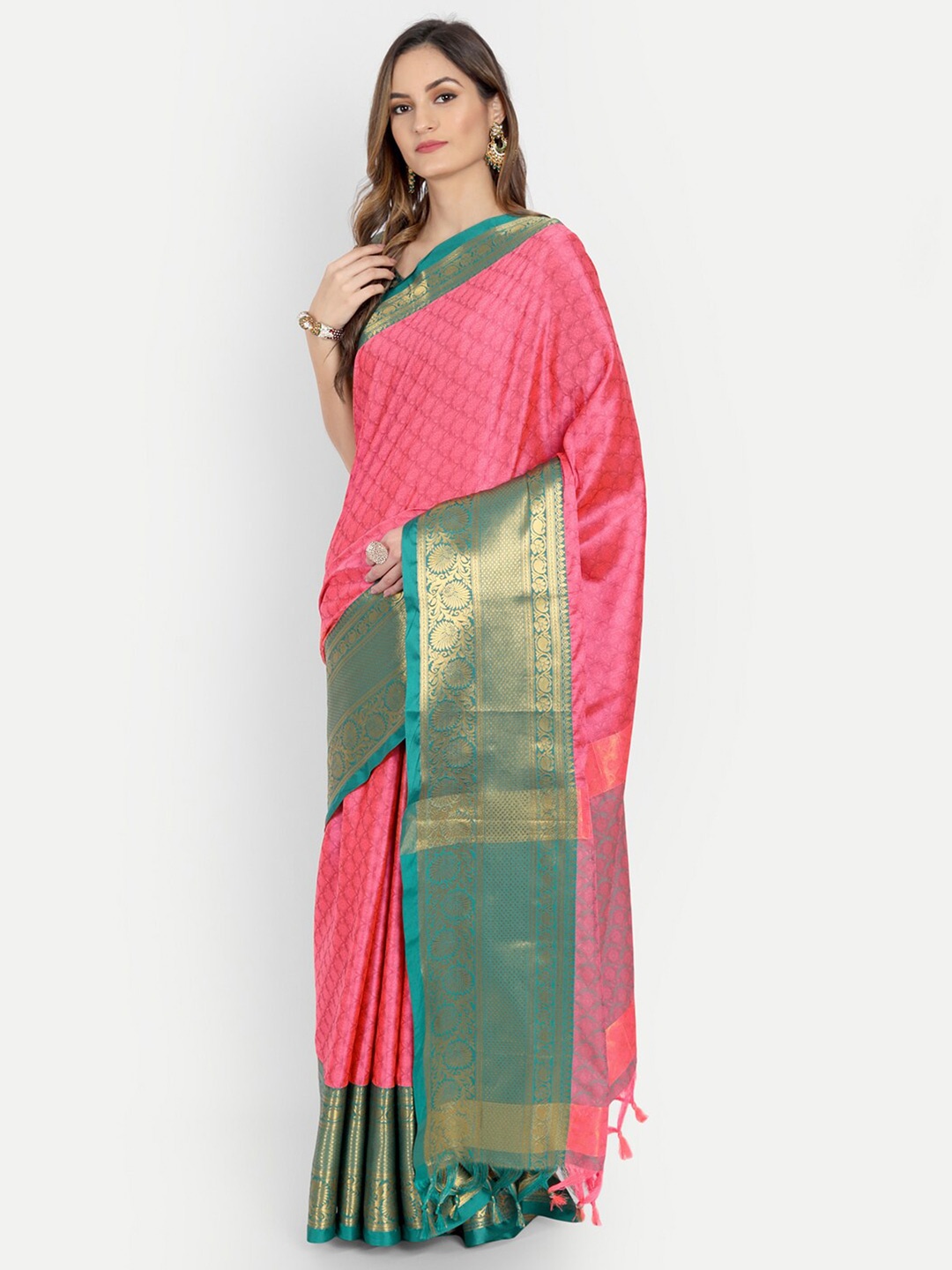 

Mitera Pink & Green Woven Design Zardozi Dharmavaram Saree