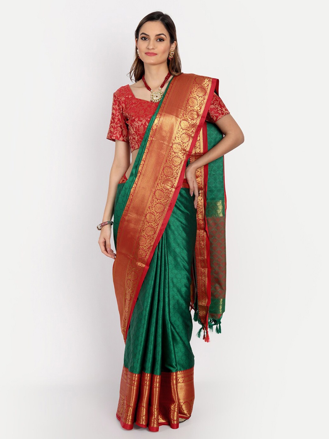 

Mitera Green & Red Woven Design Zardozi Dharmavaram Saree