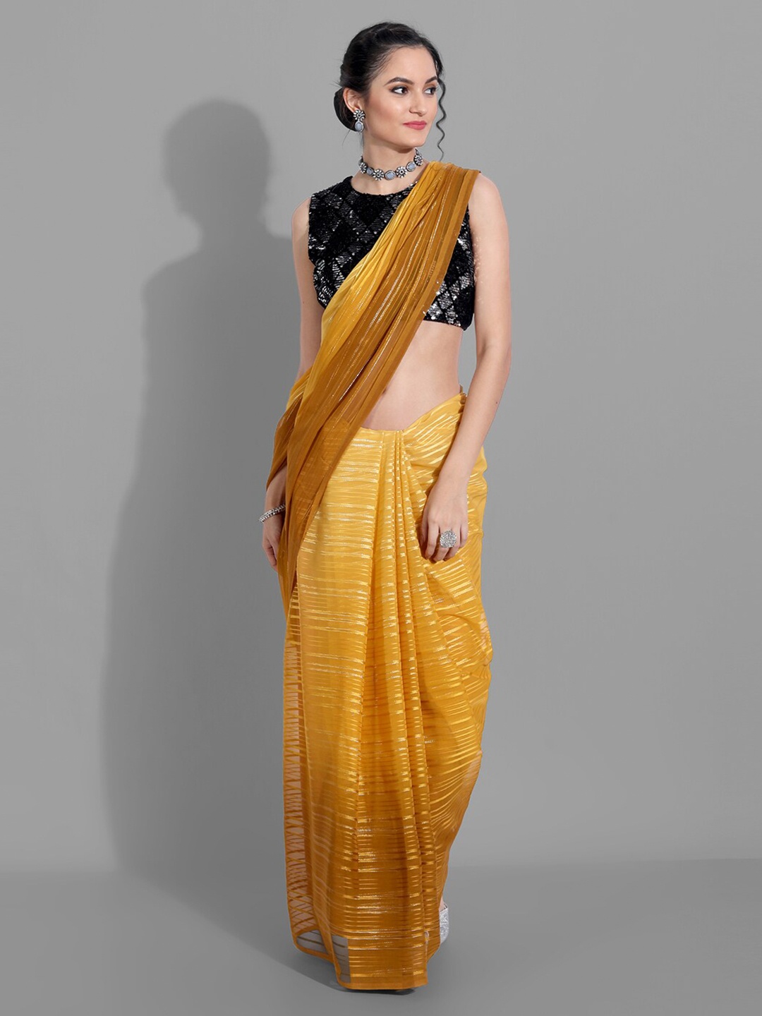

Mitera Mustard & Yellow Colourblocked Zari Arani Saree
