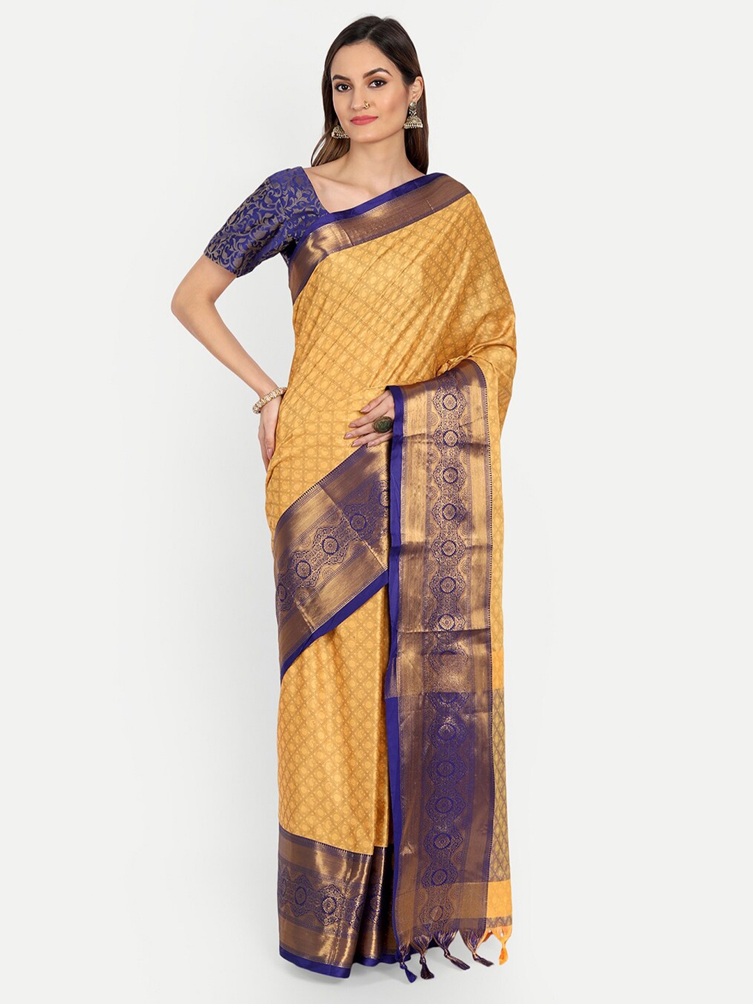 

Mitera Yellow & Gold-Toned Woven Design Zardozi Mysore Silk Saree