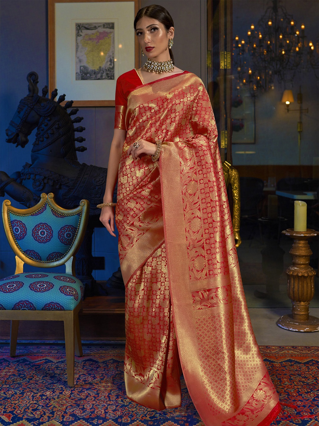 

Mitera Red & Gold-Toned Woven Design Zari Silk Blend Banarasi Saree