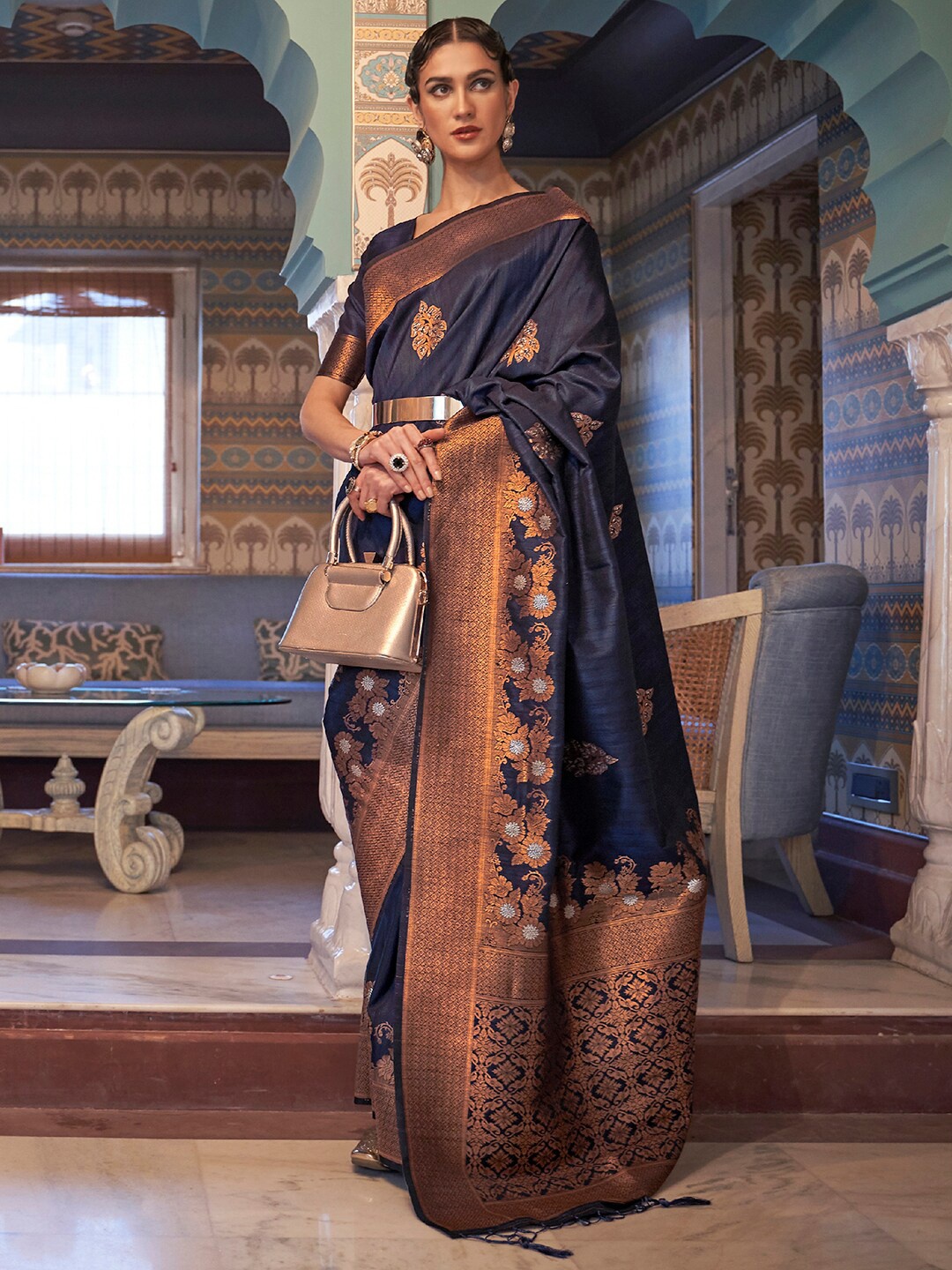 

Mitera Navy Blue & Gold-Toned Floral Zari Silk Blend Banarasi Saree