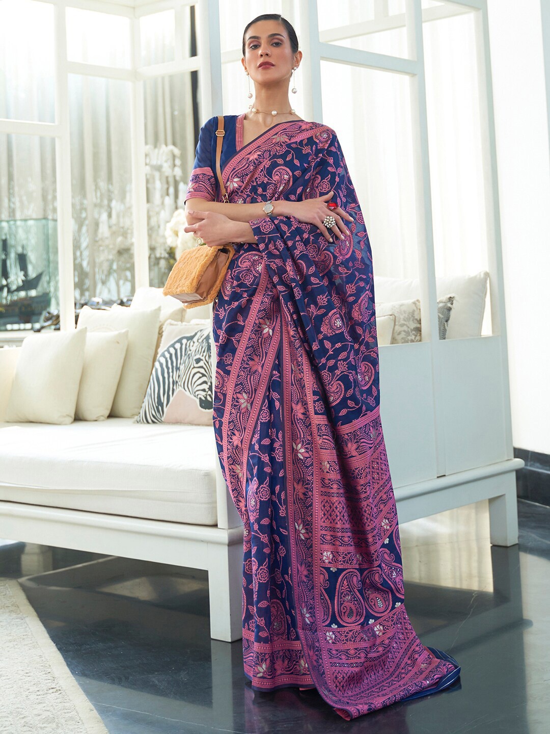

Mitera Navy Blue & Purple Ethnic Motifs Zari Linen Blend Banarasi Saree