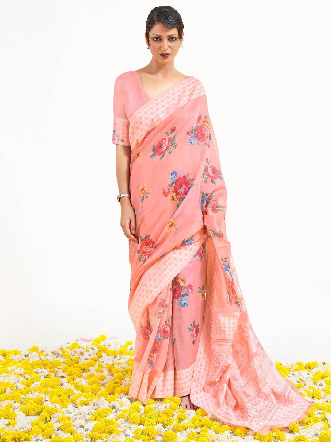 

Mitera Pink & Blue Floral Silk Blend Banarasi Saree