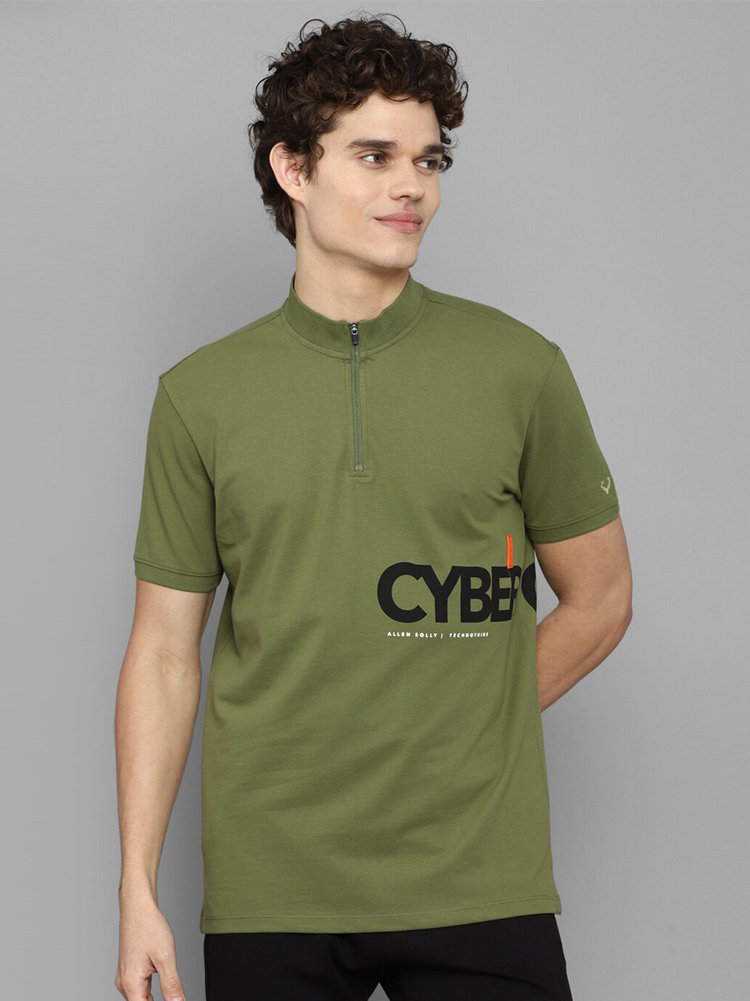 

Allen Solly Tribe Men Olive Green Typography Mandarin Collar Applique T-shirt