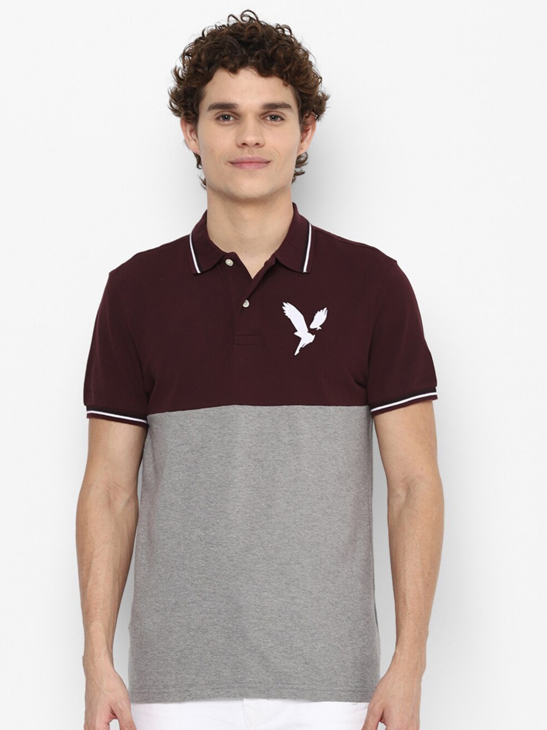 

AMERICAN EAGLE OUTFITTERS Men Burgundy & Grey Colourblocked Polo Collar T-shirt
