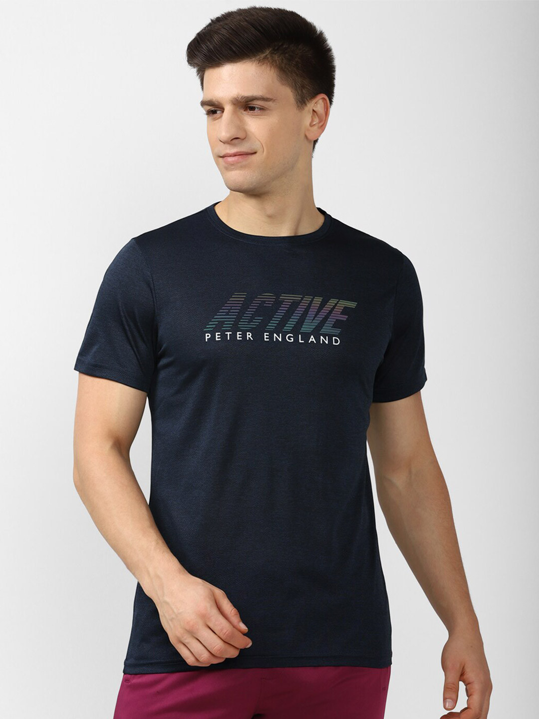 

Peter England Casuals Men Navy Blue Typography Printed Slim Fit T-shirt