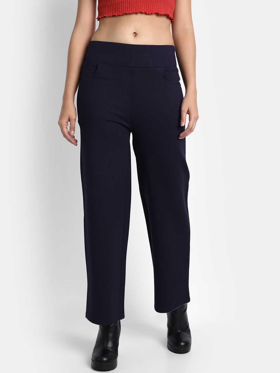 

Next One Women Navy Blue Straight Fit High-Rise Trousers