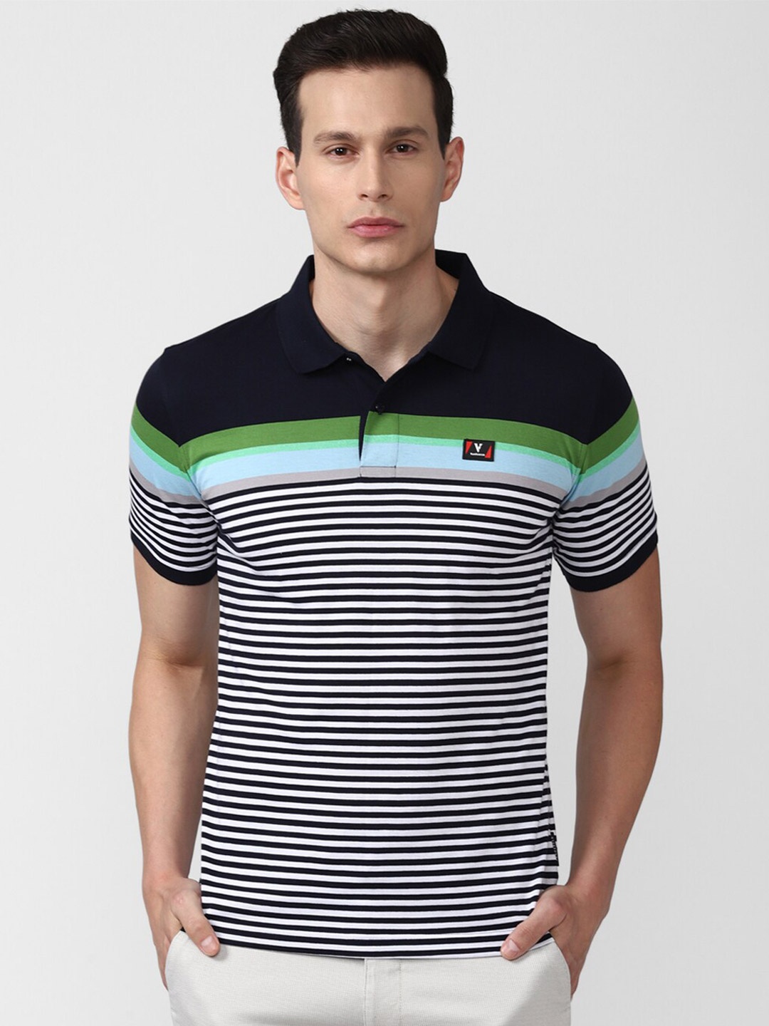 

Van Heusen Sport Men Black Striped Polo Collar T-shirt