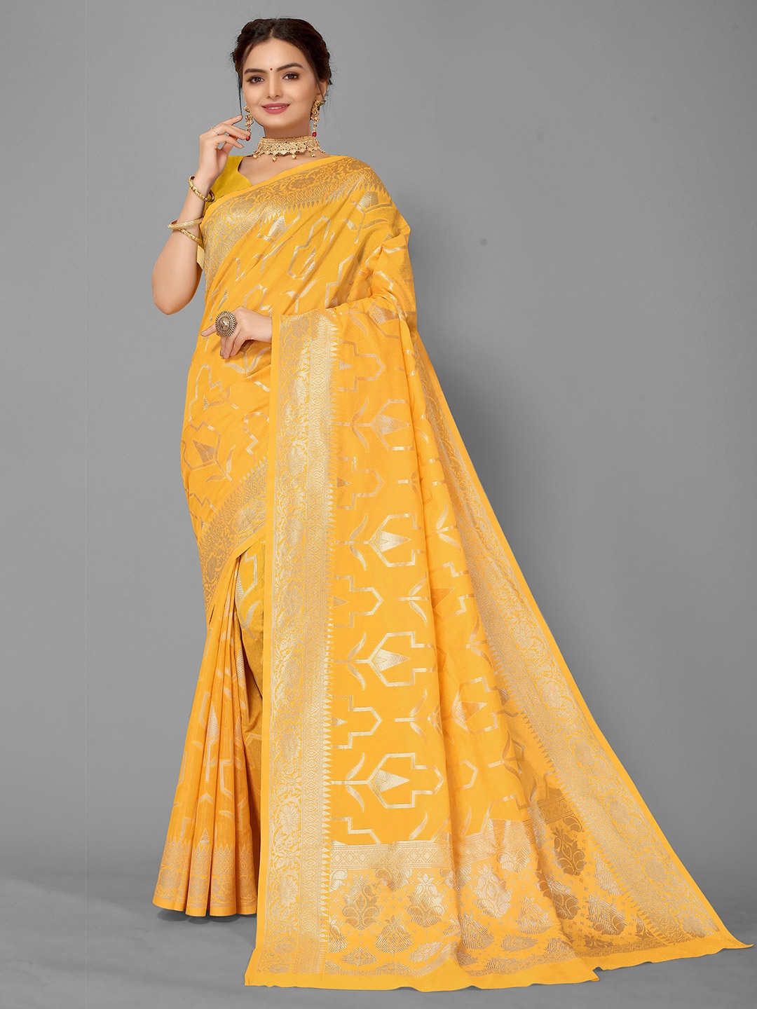 

Nimayaa Yellow & Gold-Toned Cotton Blend Ethnic Motifs Zari Banarasi Saree