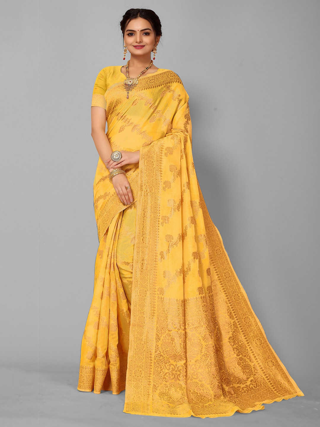

Nimayaa Yellow & Gold-Toned Floral Zari Banarasi Saree