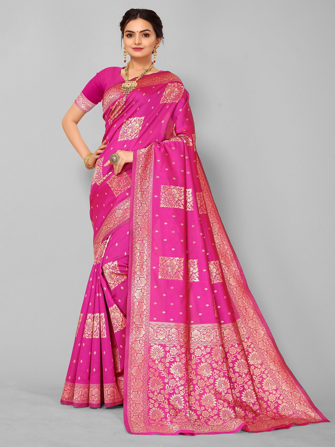 

Nimayaa Pink & Gold-Toned Floral Zari Silk Blend Banarasi Saree