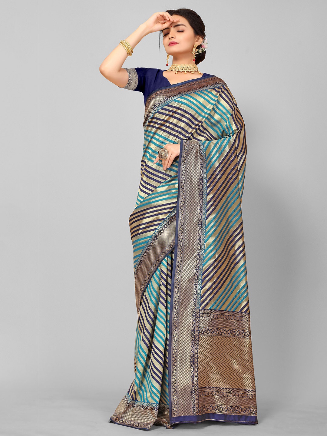 

Nimayaa Blue & Sea Green Striped Zari Silk Blend Leheriya Saree