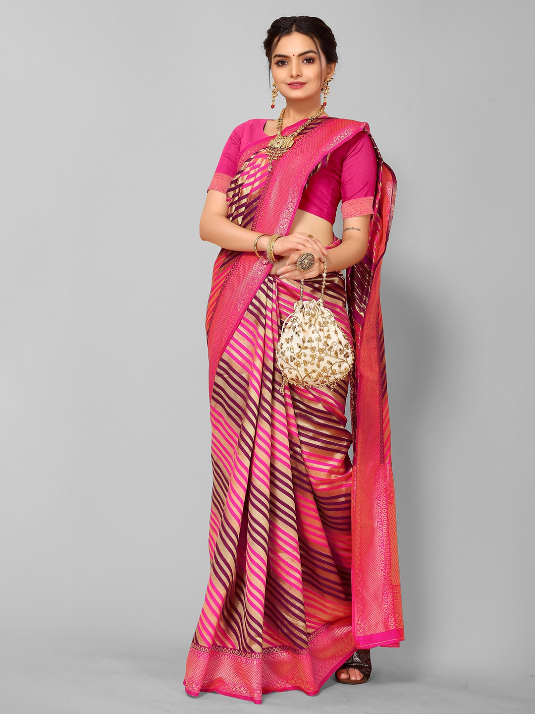 

Nimayaa Pink & Brown Striped Zari Silk Blend Leheriya Saree