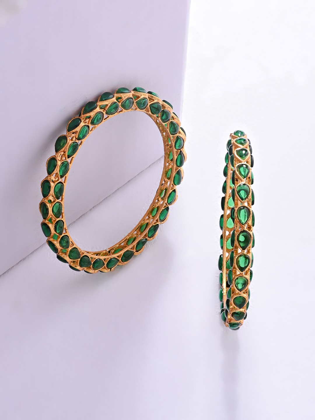 

Fida Women Set of 2 Ethnic Indian Traditional Precious Emerald Stone Studded Bangles, Gold