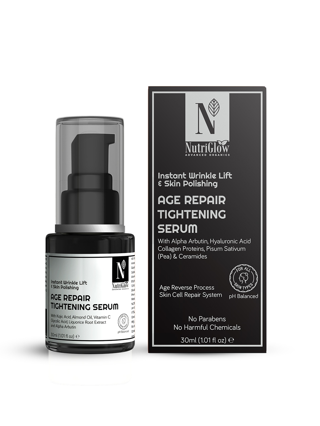 

Nutriglow Advanced Organics Age Repair Tightening Serum with Hyaluronic Acid - 30ml, Black