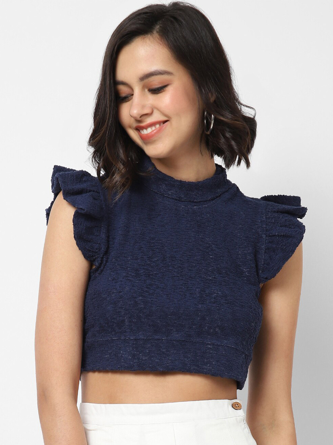 

VASTRADO Navy Blue Cap Sleeves Crop Top